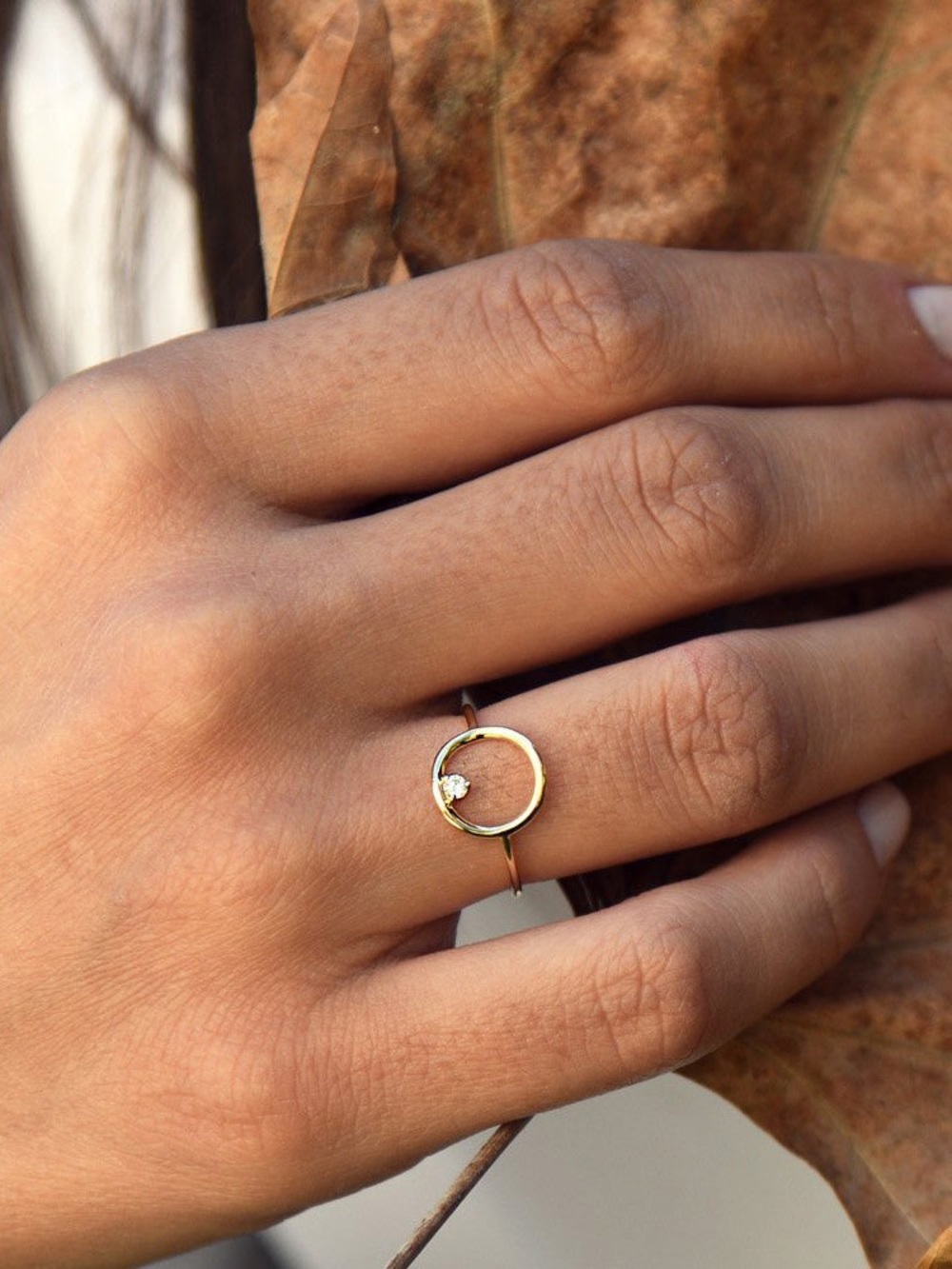Ferko's 14K Gold Open Circle Ring with Single Diamond Accent - Picture 5 of 5